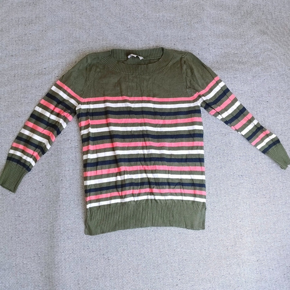Loft Outlet Striped Sweater Womens XS Green Pink Excellent Crew Neck Pullover